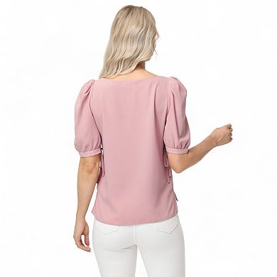 Women's Short Puff Sleeve Blouse with Scoop Neckline and Tie Cuff Detail
