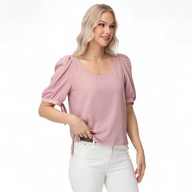 Women's Short Puff Sleeve Blouse with Scoop Neckline and Tie Cuff Detail