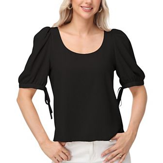 Women's Short Puff Sleeve Blouse with Scoop Neckline and Tie Cuff Detail