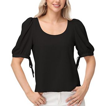 Women's Short Puff Sleeve Blouse with Scoop Neckline and Tie Cuff Detail