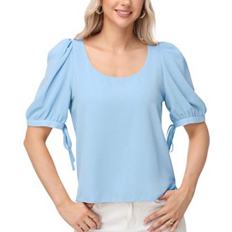 Women's Short Puff Sleeve Blouse with Scoop Neckline and Tie Cuff Detail