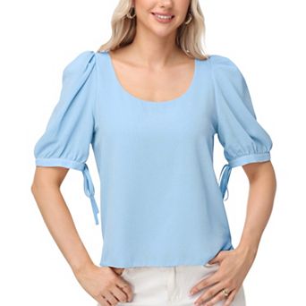 Women's Short Puff Sleeve Blouse with Scoop Neckline and Tie Cuff Detail