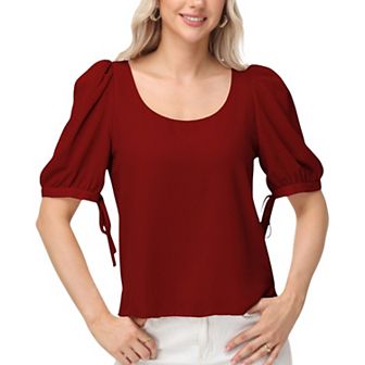 Women's Short Puff Sleeve Blouse with Scoop Neckline and Tie Cuff Detail