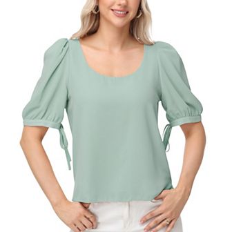 Women's Short Puff Sleeve Blouse with Scoop Neckline and Tie Cuff Detail