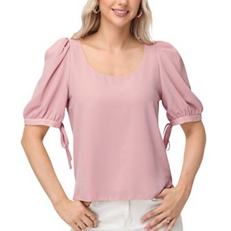 Women's Short Puff Sleeve Blouse with Scoop Neckline and Tie Cuff Detail