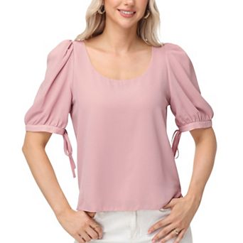 Women's Short Puff Sleeve Blouse with Scoop Neckline and Tie Cuff Detail
