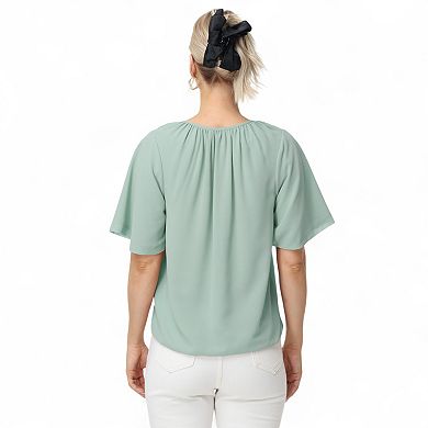 Women's Short Sleeve V-Neck Blouse with Gathered Shoulder Detail and Long Neck Tie Accent