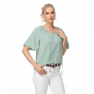 Women's Short Sleeve V-Neck Blouse with Gathered Shoulder Detail and Long Neck Tie Accent