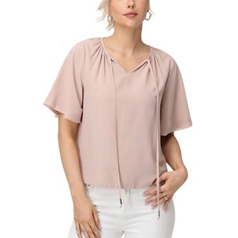Women's Short Sleeve V-Neck Blouse with Gathered Shoulder Detail and Long Neck Tie Accent
