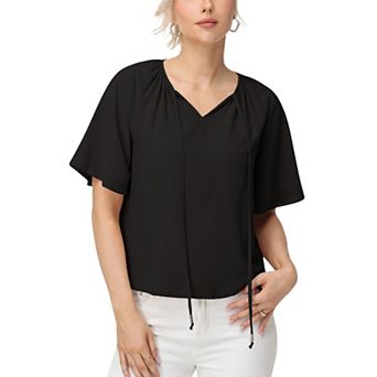 Women's Short Sleeve V-Neck Blouse with Gathered Shoulder Detail and Long Neck Tie Accent