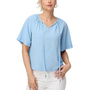 Women's Short Sleeve V-Neck Blouse with Gathered Shoulder Detail and Long Neck Tie Accent