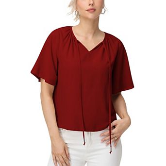 Women's Short Sleeve V-Neck Blouse with Gathered Shoulder Detail and Long Neck Tie Accent