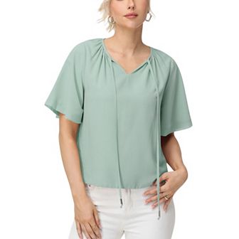 Women's Short Sleeve V-Neck Blouse with Gathered Shoulder Detail and Long Neck Tie Accent