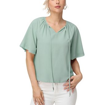 Women's Short Sleeve V-Neck Blouse with Gathered Shoulder Detail and Long Neck Tie Accent