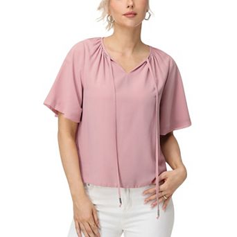 Women's Short Sleeve V-Neck Blouse with Gathered Shoulder Detail and Long Neck Tie Accent