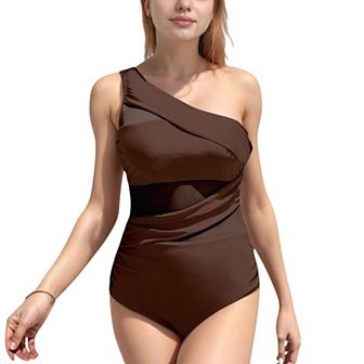 Women's One Shoulder One Piece Swimsuit with Sheer Mesh Cutout Panels and Asymmetrical Design