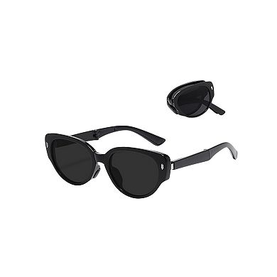 Women's Foldable Cat Eye Sunglasses with Compact Round Storage Case and UV Protection