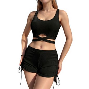 Women's Ribbed Knit Two-Piece Swim Set with Crisscross Crop Top and Ruched Drawstring Shorts