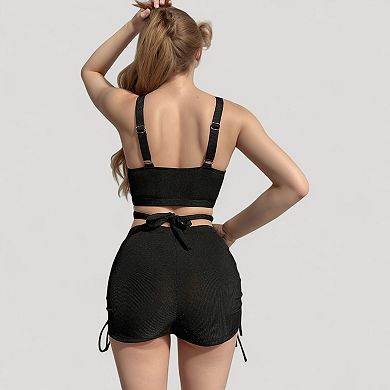 Women's Ribbed Knit Two-Piece Swim Set with Crisscross Crop Top and Ruched Drawstring Shorts