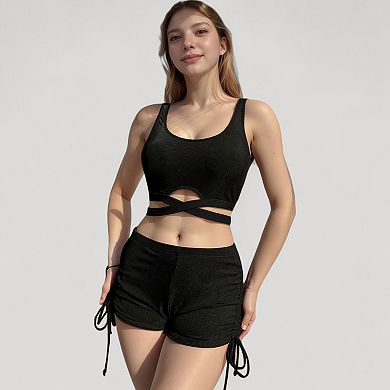 Women's Ribbed Knit Two-Piece Swim Set with Crisscross Crop Top and Ruched Drawstring Shorts