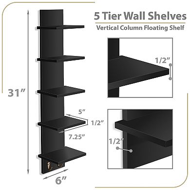 Sorbus 5 Tier Wall Mounted Floating Shelf Unit with Hooks - Home Decor and Storage Organizer