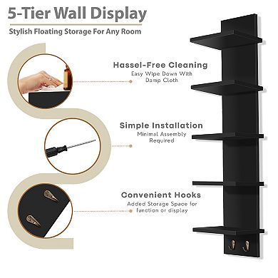 Sorbus 5 Tier Wall Mounted Floating Shelf Unit with Hooks - Home Decor and Storage Organizer