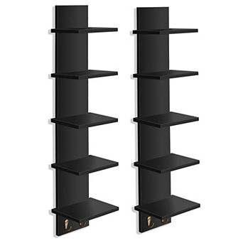 Sorbus 2 Pack 5 tier Wall Mounted Floating Shelf Unit with Hooks - Home Decor and Storage Organizer