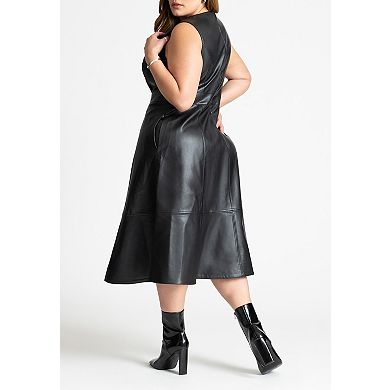 ELOQUII Women's Plus Size Faux Leather Knot Detail Flare Dress