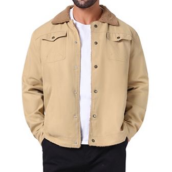 Men's Winter Coat Collared Button Front Fleece Lining Cargo Trucker Jacket