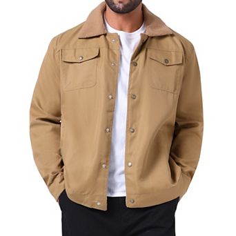 Men's Winter Coat Collared Button Front Fleece Lining Cargo Trucker Jacket