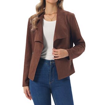 Women's Draped Lapel Long Sleeve Open Front Cropped Faux Suede Jackets