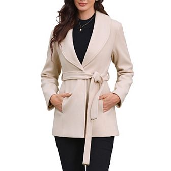 Women's Single Breasted Coat Shawl Collar A Line Outerwear Winter Jacket Pea Trench Coats with Belt