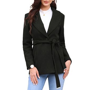 Women's Single Breasted Coat Shawl Collar A Line Outerwear Winter Jacket Pea Trench Coats with Belt