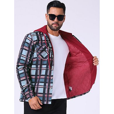 Men's Quilted Lined Shirt Jacket Drawstring Hooded Zipper Padded Plaid Shacket