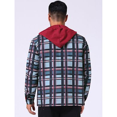 Men's Quilted Lined Shirt Jacket Drawstring Hooded Zipper Padded Plaid Shacket