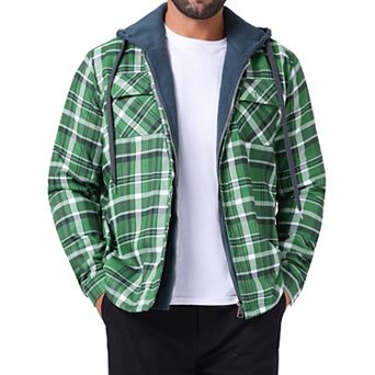 Men's Quilted Lined Shirt Jacket Drawstring Hooded Zipper Padded Plaid Shacket