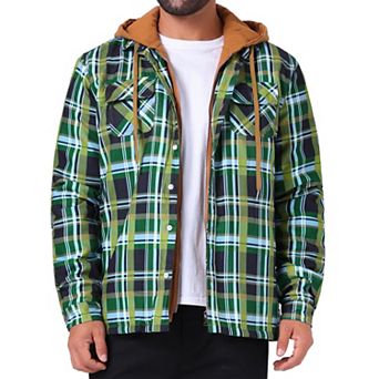 Men's Quilted Lined Shirt Jacket Drawstring Hooded Zipper Padded Plaid Shacket