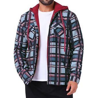 Men's Quilted Lined Shirt Jacket Drawstring Hooded Zipper Padded Plaid Shacket