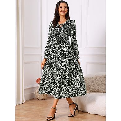 Women's Leopard Print Dress Long Sleeve Tie V Neck Flowy Party Cheetah Dresses with Pockets