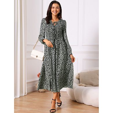 Women's Leopard Print Dress Long Sleeve Tie V Neck Flowy Party Cheetah Dresses with Pockets