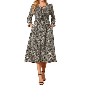 Women's Leopard Print Dress Long Sleeve Tie V Neck Flowy Party Cheetah Dresses with Pockets
