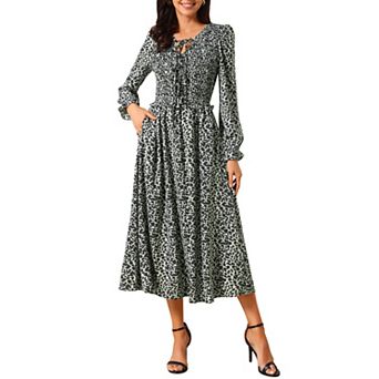 Women's Leopard Print Dress Long Sleeve Tie V Neck Flowy Party Cheetah Dresses with Pockets