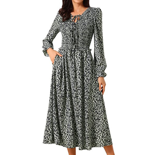 Women's Leopard Print Dress Long Sleeve Tie V Neck Flowy Party Cheetah Dresses with Pockets