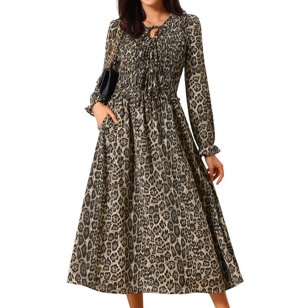 Women's Leopard Print Dress Long Sleeve Tie V Neck Flowy Party Cheetah  Dresses with Pockets