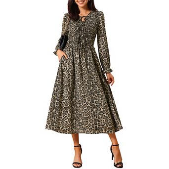 Women's Leopard Print Dress Long Sleeve Tie V Neck Flowy Party Cheetah Dresses with Pockets