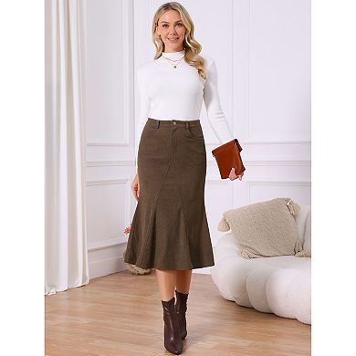 Women's Corduroy Skirts High Waist Button Front Fishtail Skirt Midi Winter Skirts with Pockets