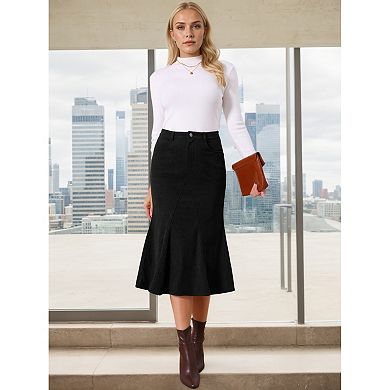 Women's Corduroy Skirts High Waist Button Front Fishtail Skirt Midi Winter Skirts with Pockets