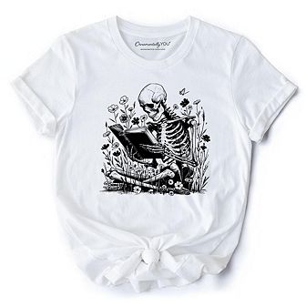 Gothic Reading Skeleton T-Shirt, Floral Halloween Tee for Spooky Bookworms