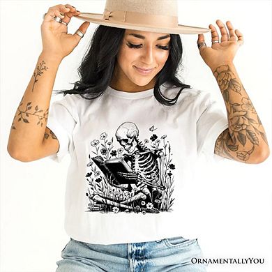 Gothic Reading Skeleton T-Shirt, Floral Halloween Tee for Spooky Bookworms