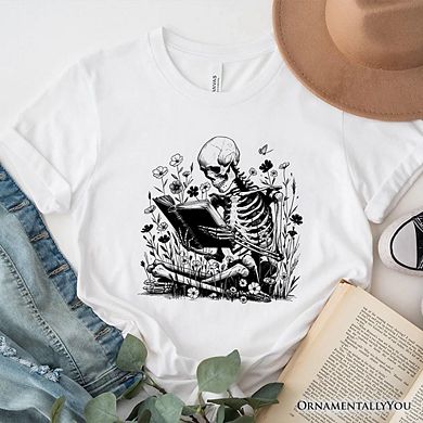 Gothic Reading Skeleton T-Shirt, Floral Halloween Tee for Spooky Bookworms